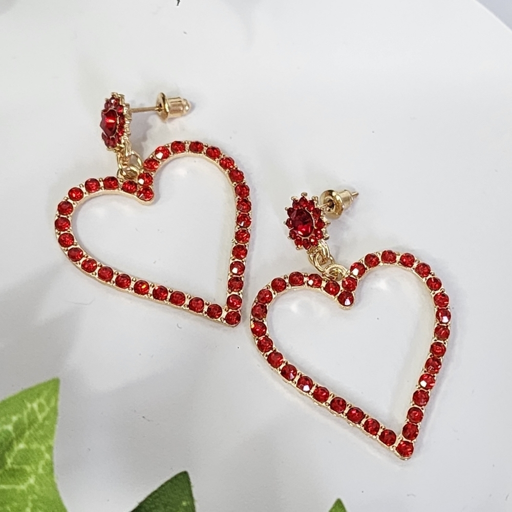 Gold with Red Crystal Stones Heart Post Earrings New